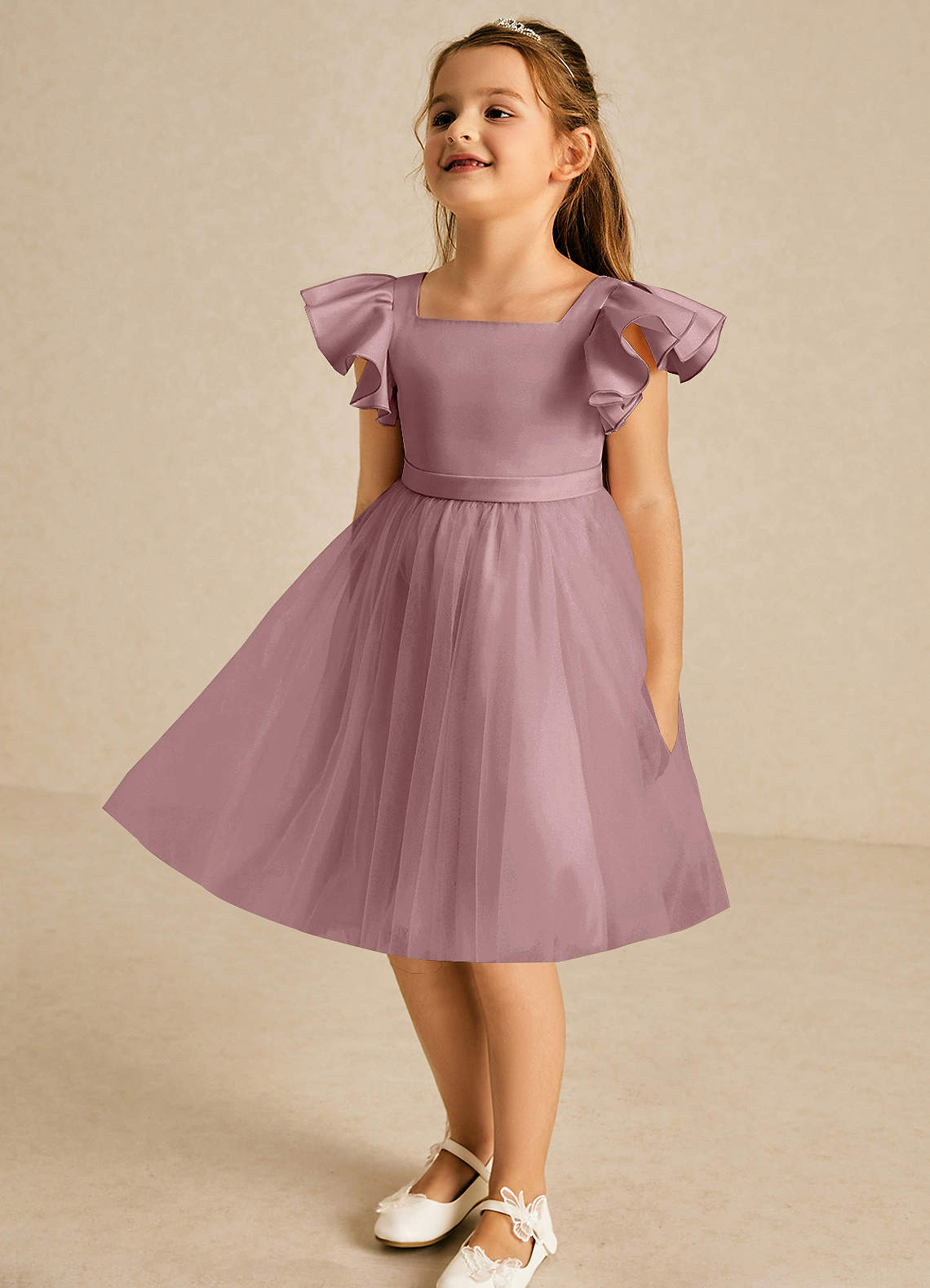 Azazie Kaeya Robe Demoiselle D'honneur Fillette Robe Trapèze en Tulle Arc Rose Poussiéreuse image3