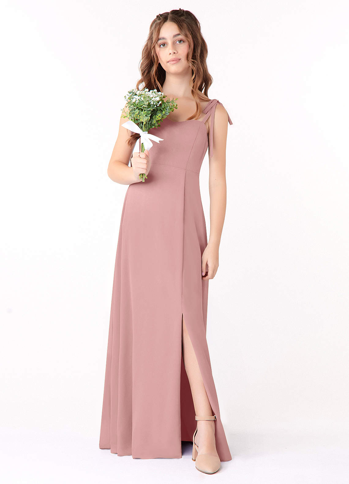 Azazie Rosey Junior Vestido de Rosa Polvorienta de Gasa de Corte En A con Escote de Corazón image1