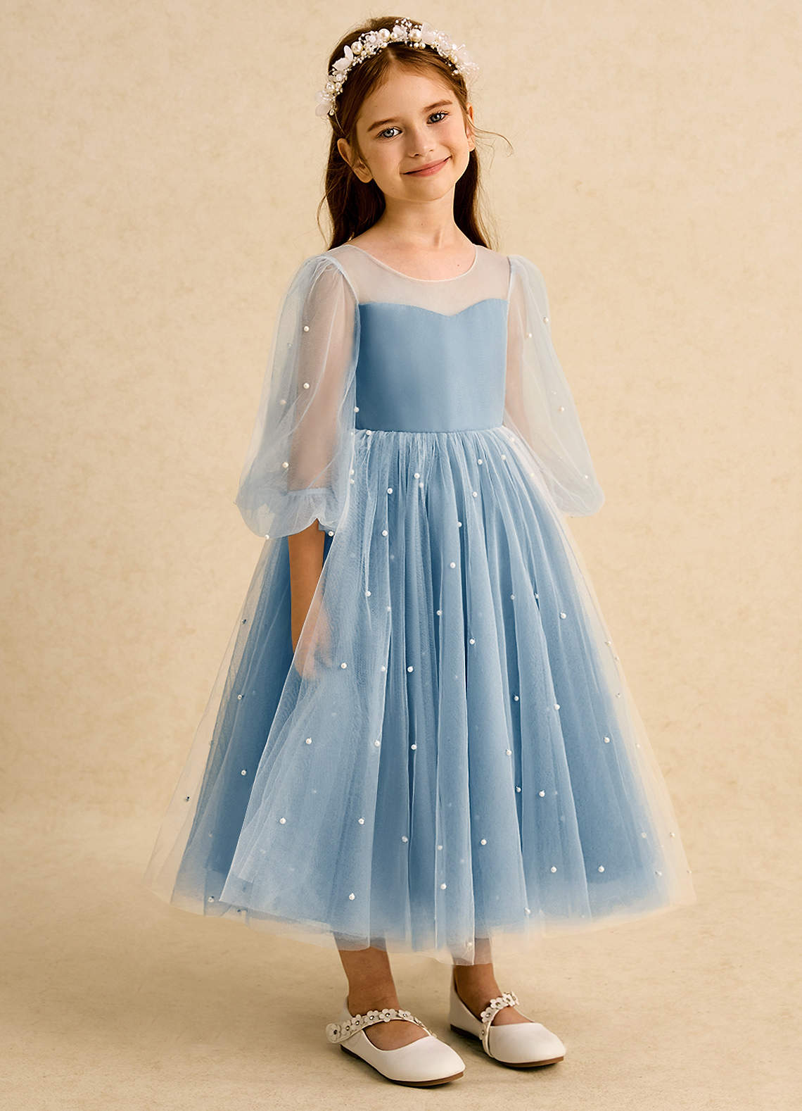 Azazie Trudy Flower Girl Dresses Steel Blue Ball-Gown Sweetheart Neckline Tulle Dress image1