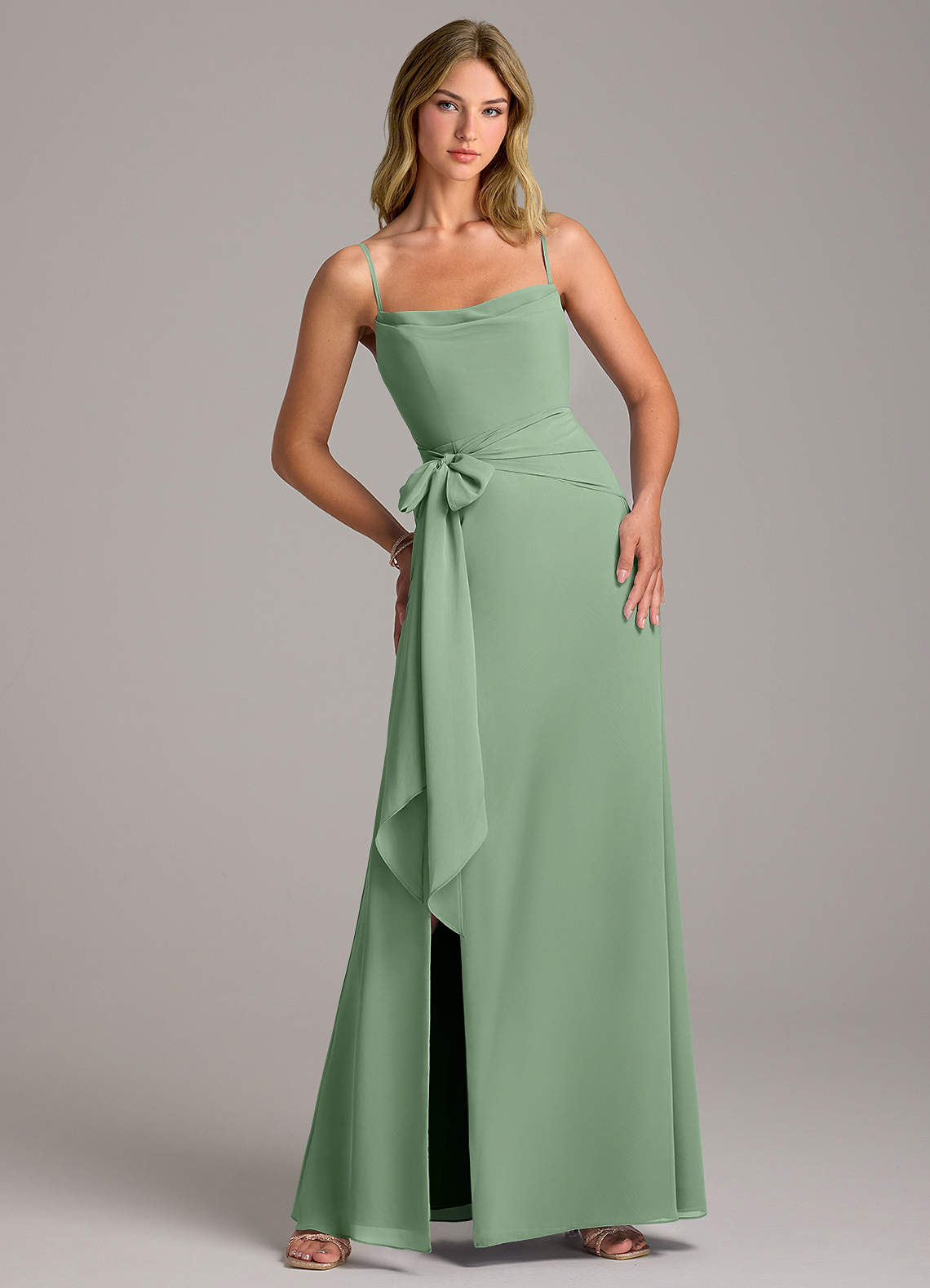 Azazie Tahlia Bridesmaid Dresses Matcha A-Line with Belt Chiffon Dress image1