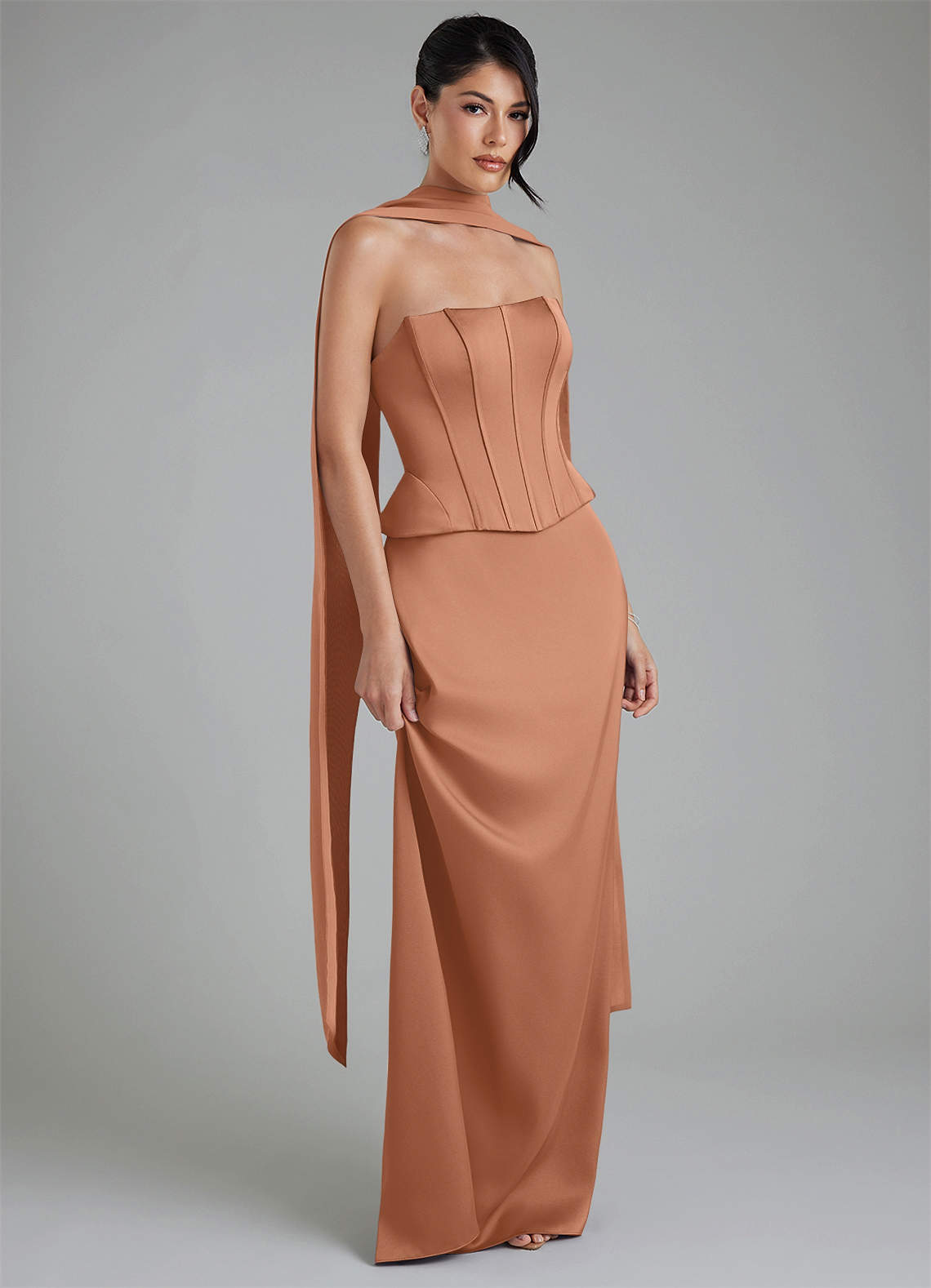 azazie bronzer bridesmaid dresses Azazie River Bronzer Stretch Satin Bridesmaid Dresses