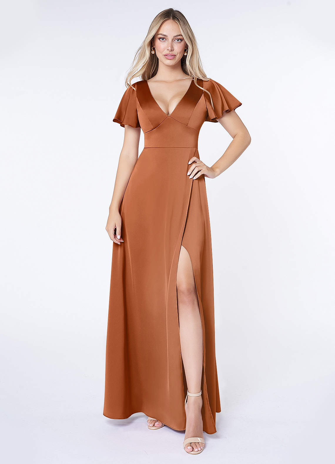 Azazie Lani Brautjungfernkleider A-Linie Volantärmel Stretch-Satin Kleid Kupfer image1