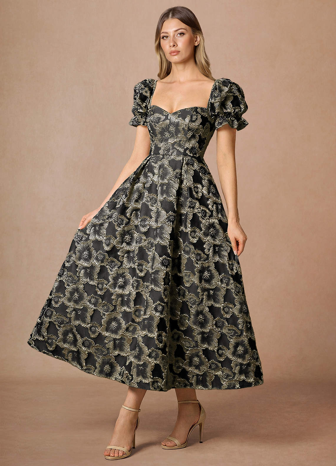 amy formal crepe faux pearl sleeve midi dress Amy Puff Sleeve Midi Dress – Inherit Co main image 1