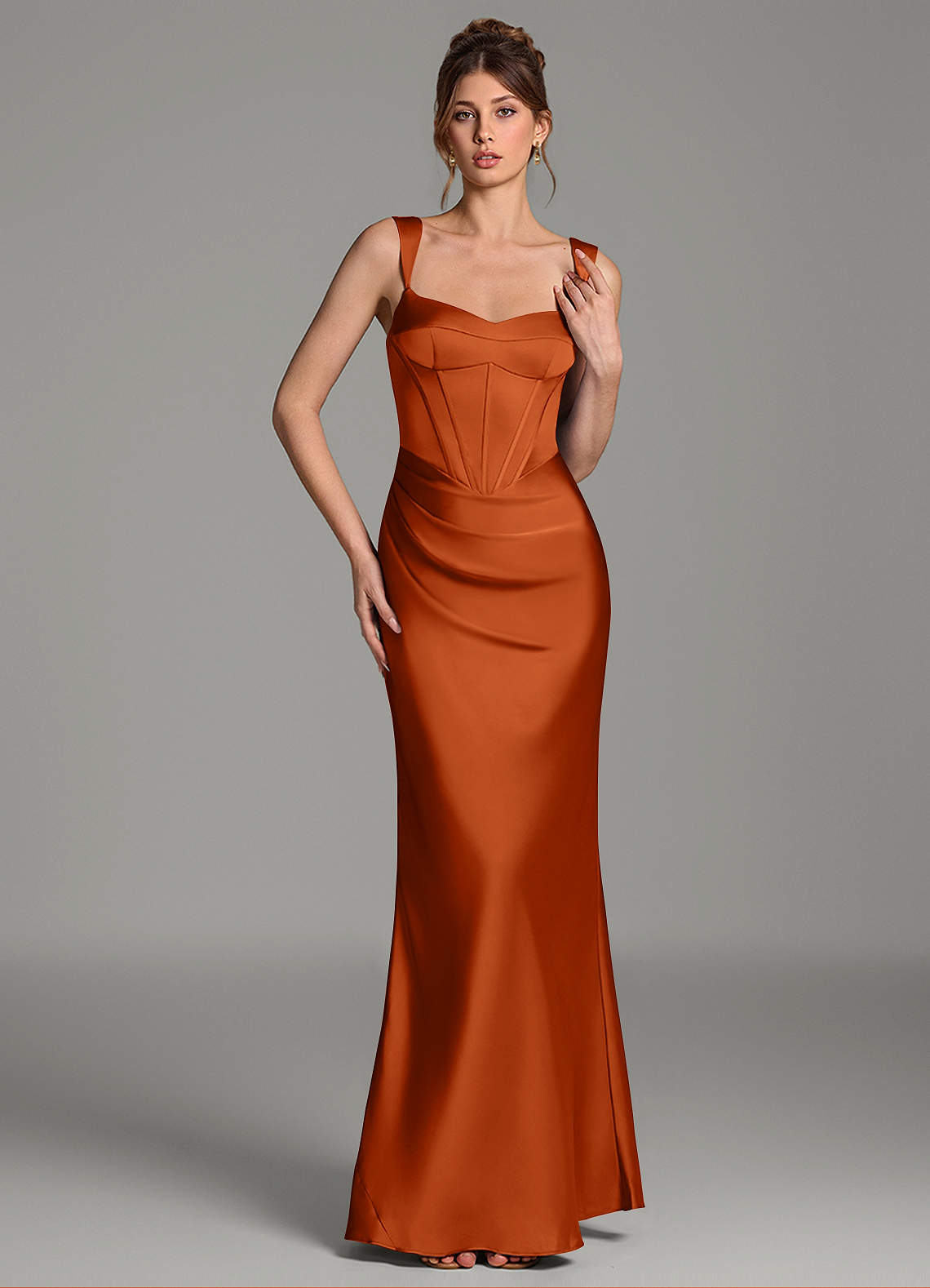 burnt orange satin bridesmaid dresses Copper Chiffon Dress: Asymmetric Gown Azazie Mela Burnt Orange Stretch