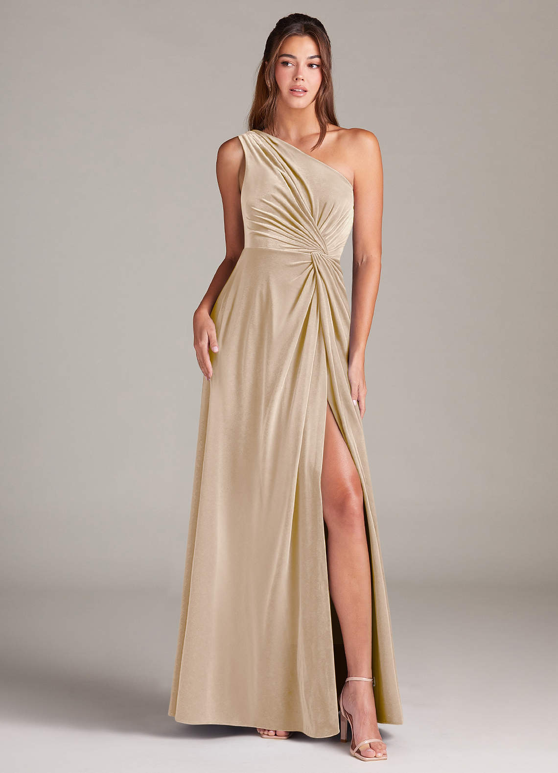 Azazie Brooke Bridesmaid Dresses Champagne A-Line One Shoulder Velvet Dress image1