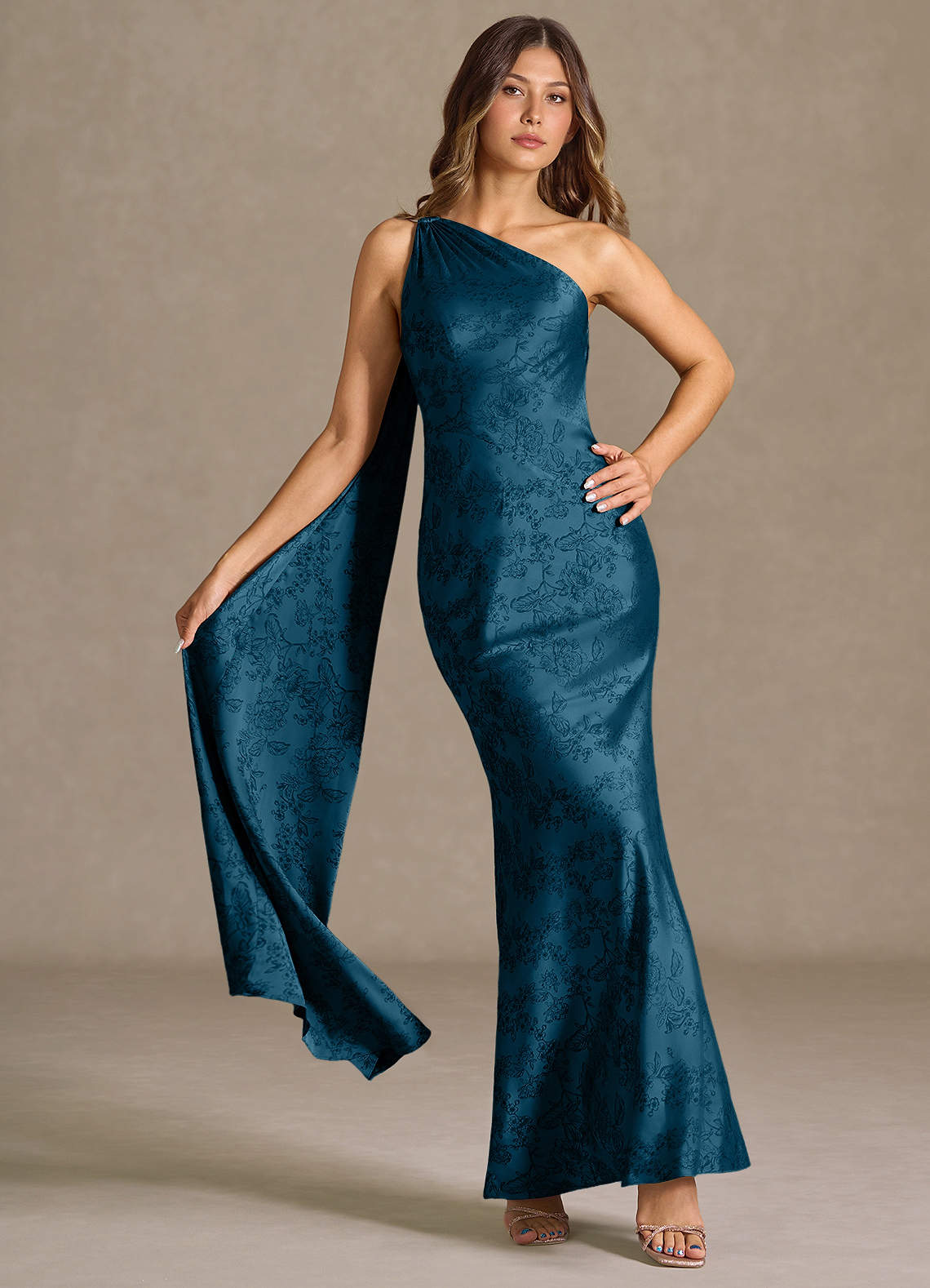 Azazie Plus Size Floor-Length Maxi Dresses Column Wedding Guest Formal Dresses One Shoulder Navy Black