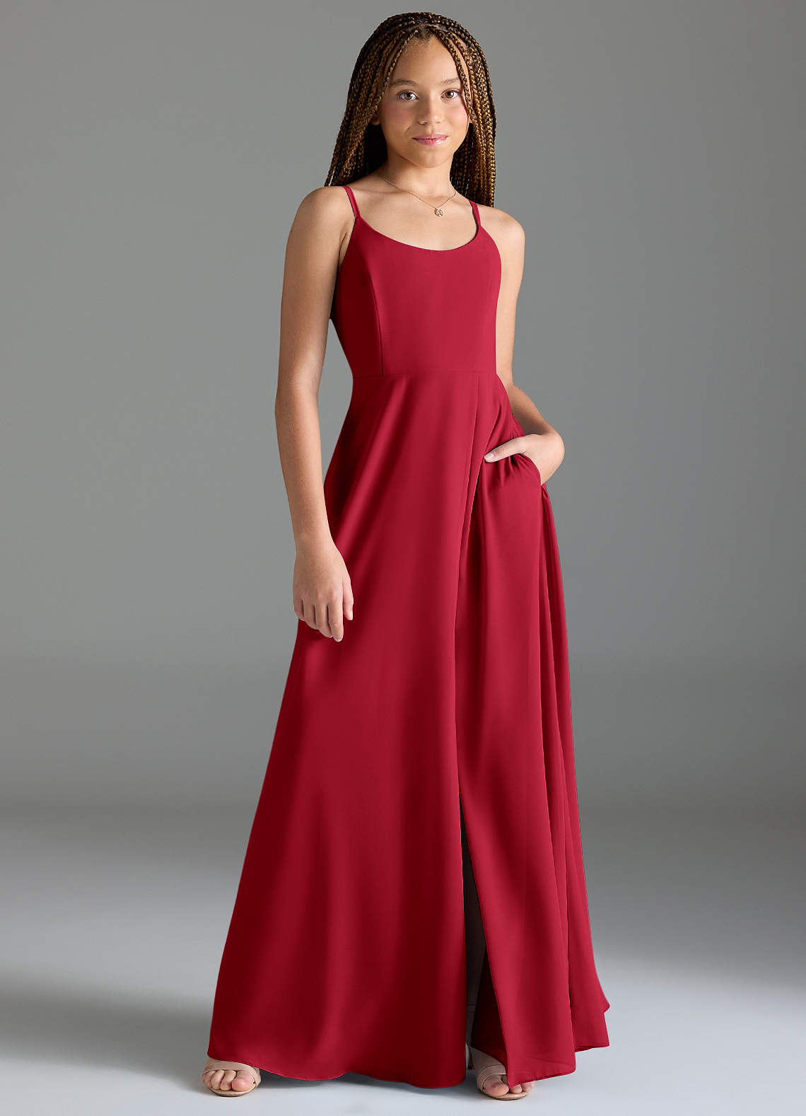 Azazie Moira Junior Scarlet A-Line with Pockets Chiffon Dress image1