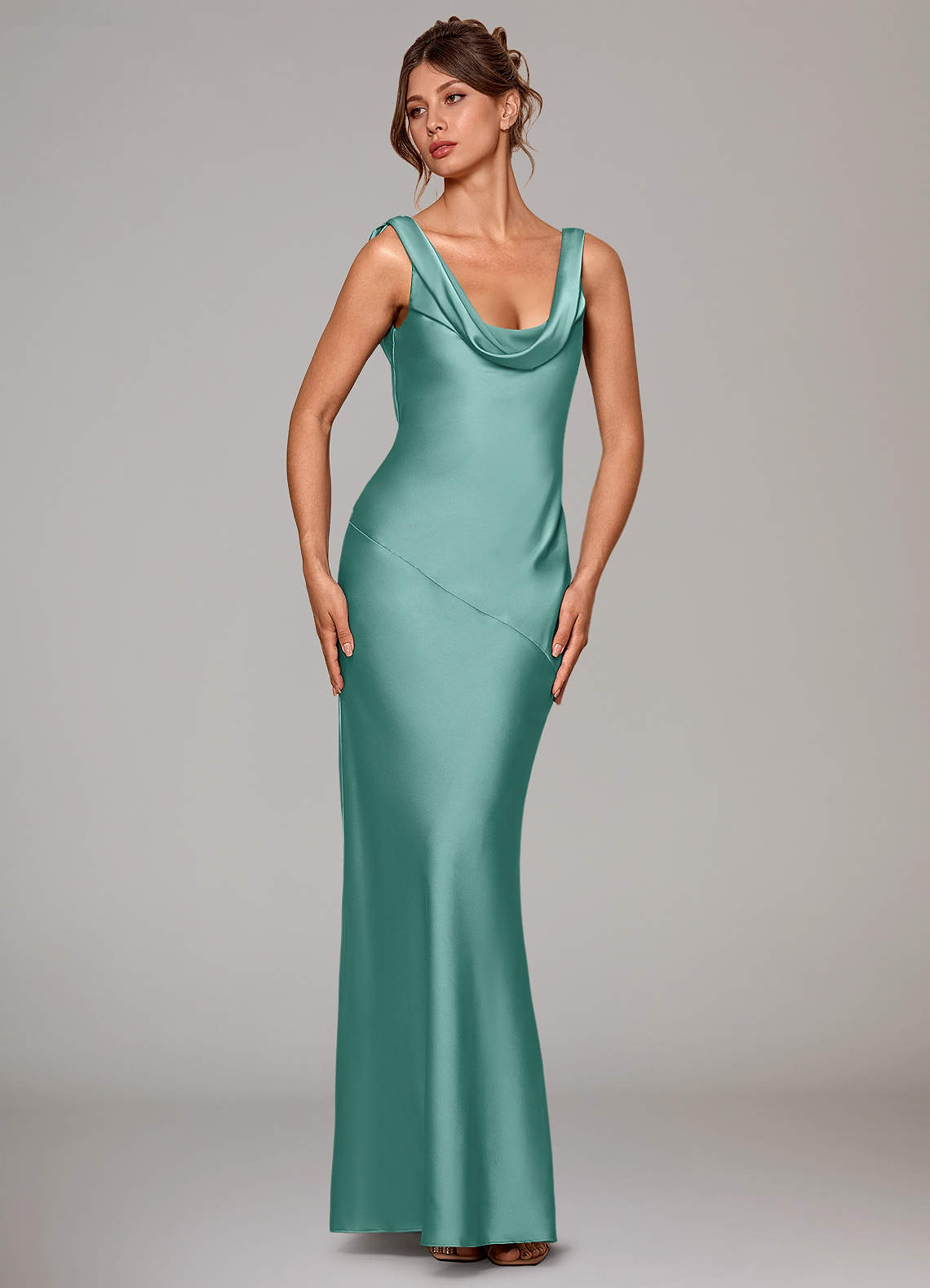 Azazie Rylina Vestidos de damas de honor Vestido de Aqua de Satén Elástico de Corte Sirena image2