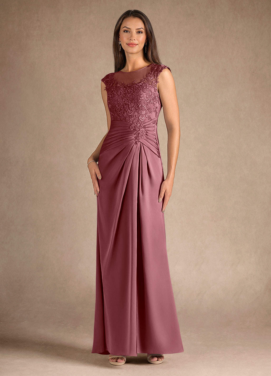 Azazie Santa Barbara vestidos de madre de la novia Vestido de Rosa Del Desierto de Satén Elástico de Recto con Plisado image3