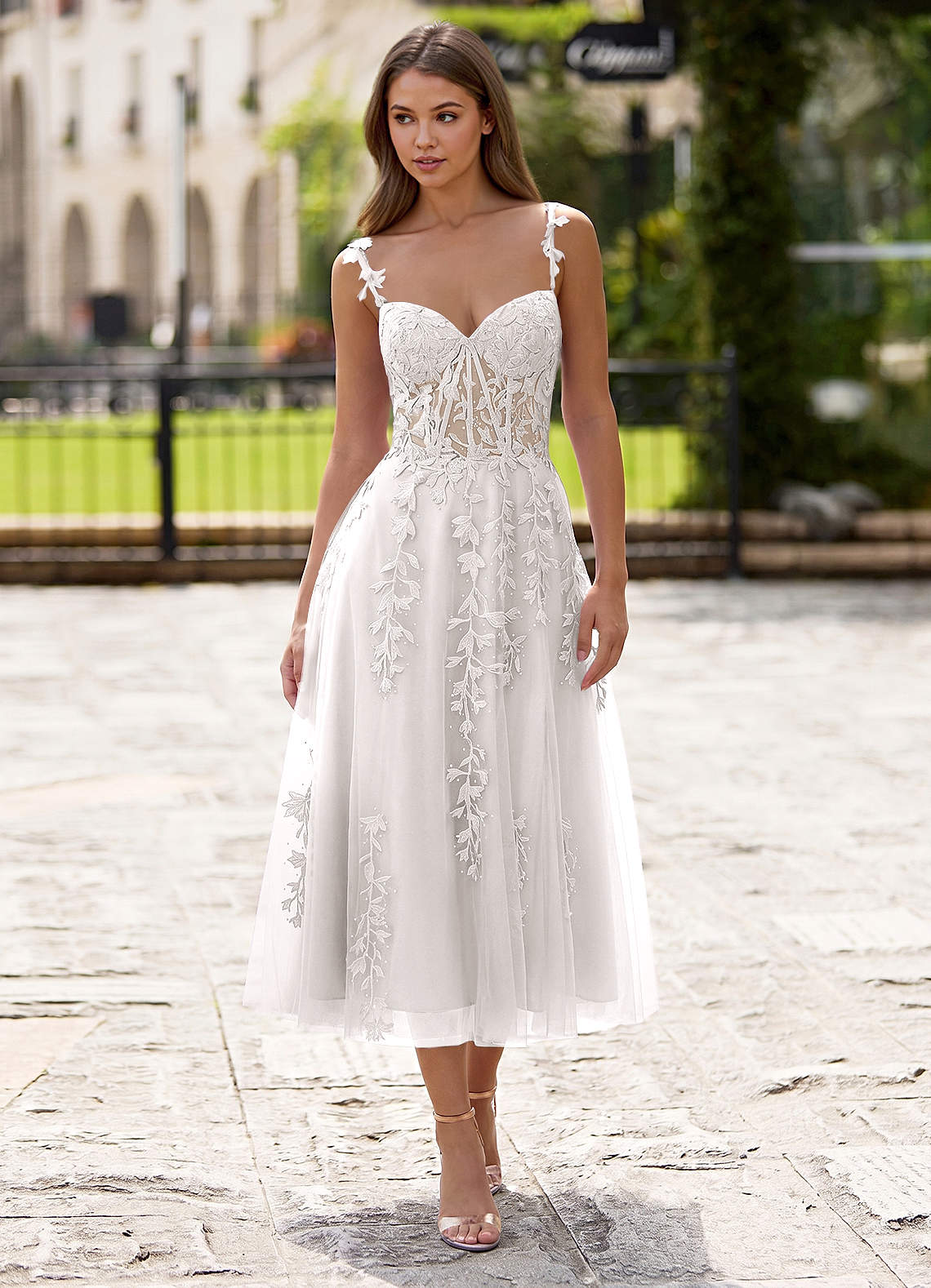 Zosia White Lace A-line Lace Up Back Midi Dress | Azazie CA