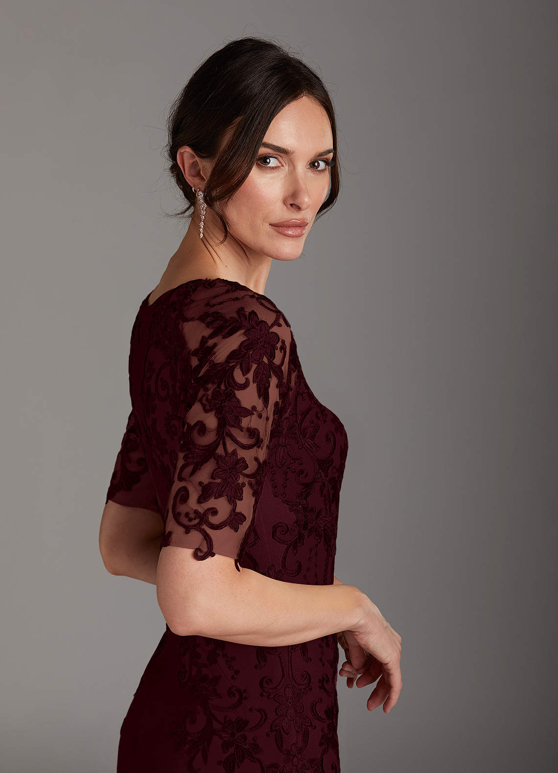 Azazie Farrah Cabernet Sheath Lace Stretch Crepe Dress Ready to
