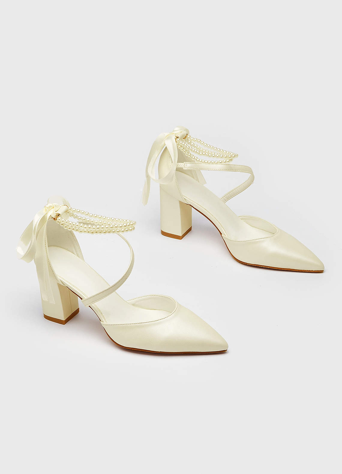 front Pearl Ankle Strap and Bow Pointed Toe Block Heels