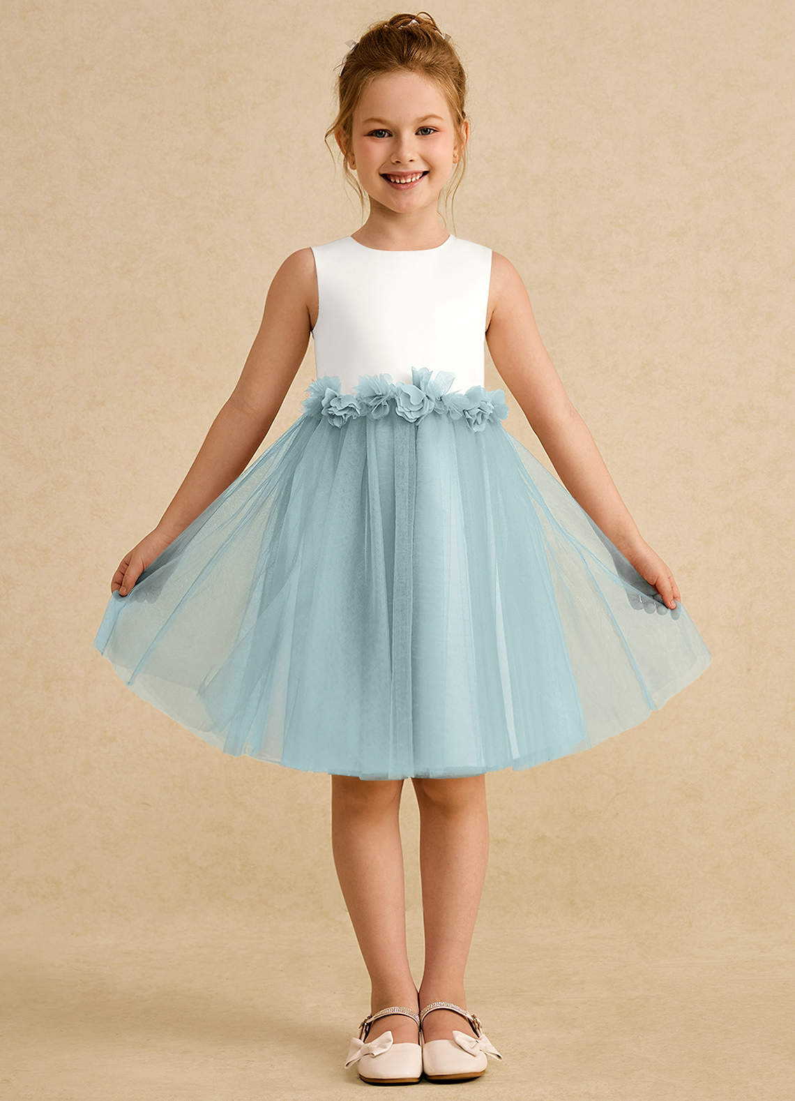 Azazie Louisa Flower Girl Dresses Ivory Mist A-Line Sleeveless Tulle Dress image1