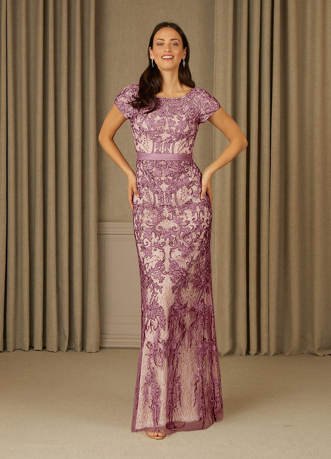 knee length dresses for ladies Stavropoulos Vintage 1970s Purple Mauve Lace Empire Waist Bishop Sleev –  Amarcord Vintage Fashion main image 0