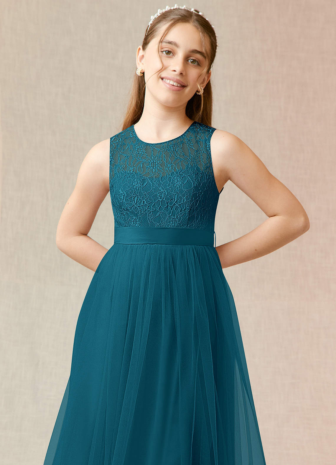 Azazie Georgette A-Line Lace Tulle Floor-Length Junior Bridesmaid Dress image1