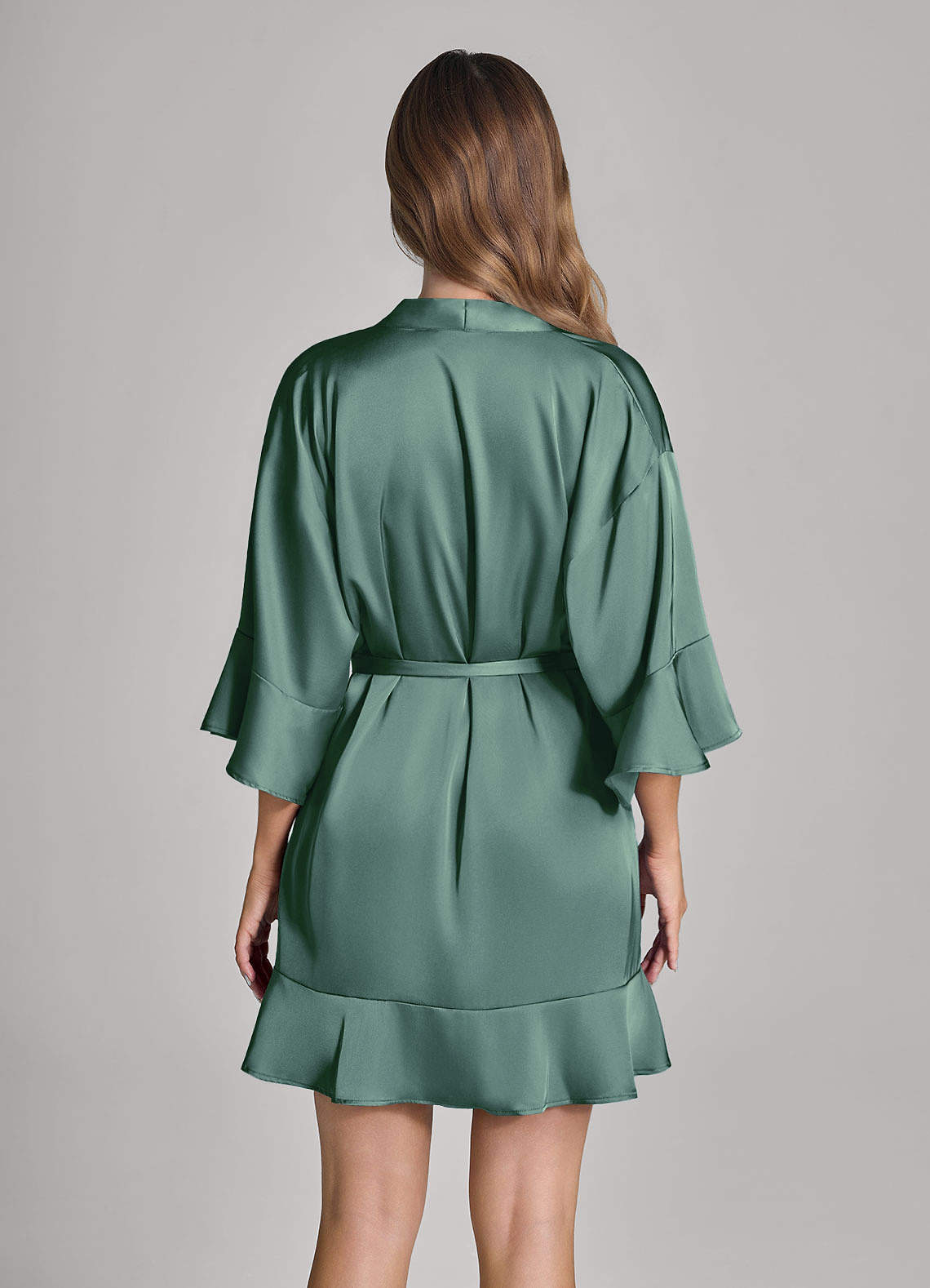 front Matching Color 2-Piece Ruffle Satin Robe and Slip Set