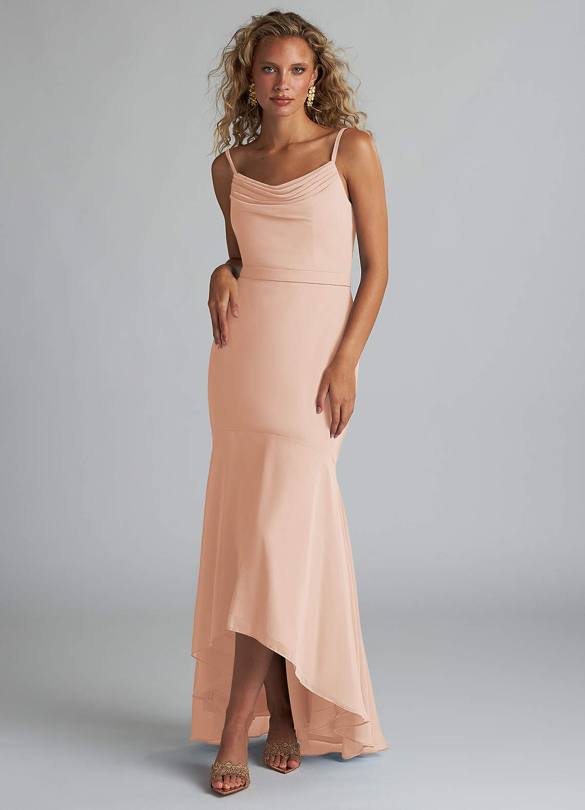 Azazie Summer Bridesmaid Dresses English Rose Mermaid Scoop Cowl Chiffon Dress image1