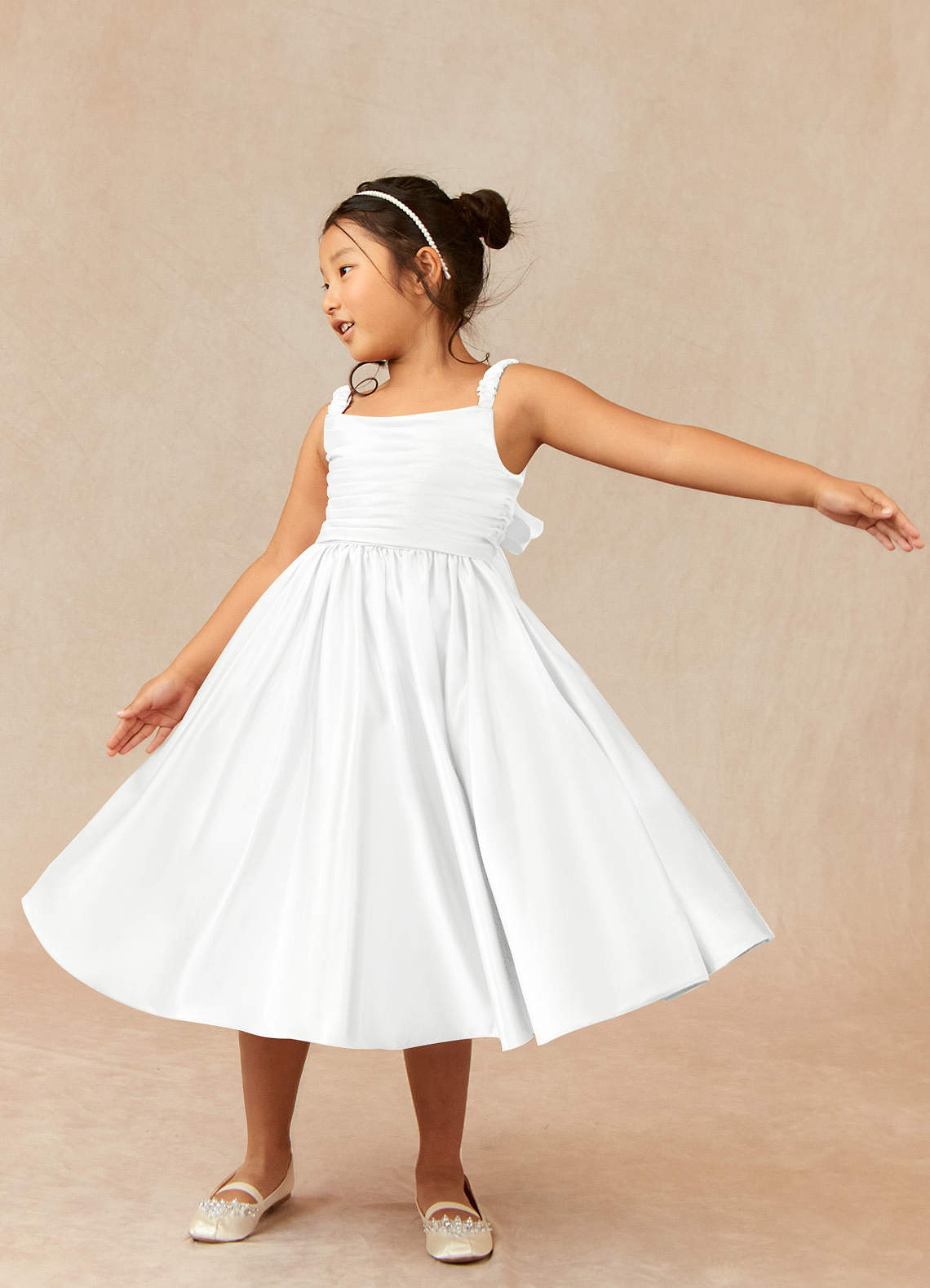 Azazie Cutie Pie Flower Girl Dresses Diamond White A-Line Pleated Matte Satin Dress image2