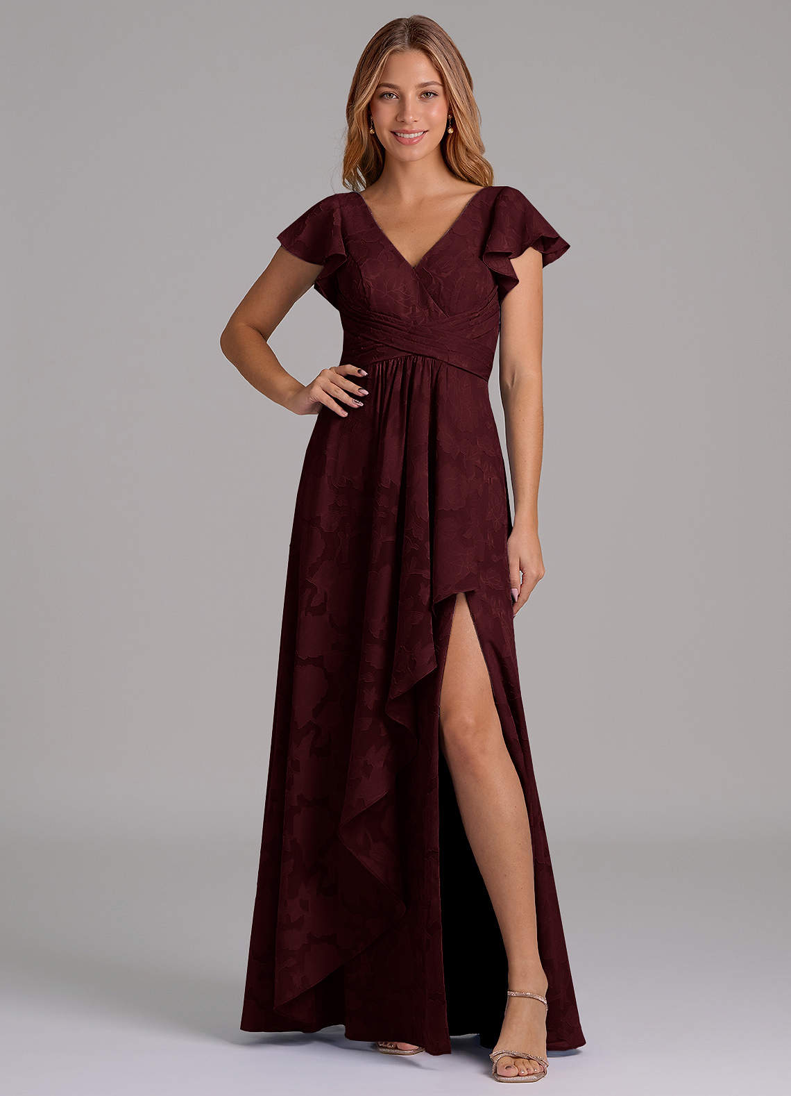 Azazie Omari Bridesmaid Dresses Cabernet A-Line Pleated Floral Burnout Dress image1