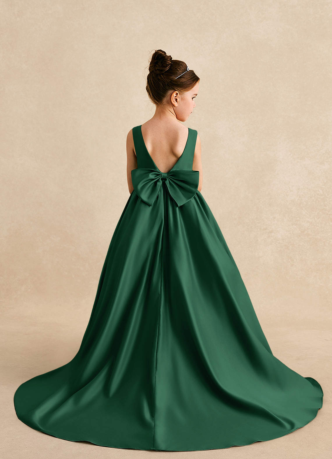 Azazie A-Line/Princess Scoop Neck Chapel Train Matte Satin Flower Girl Dresses - Dark Green