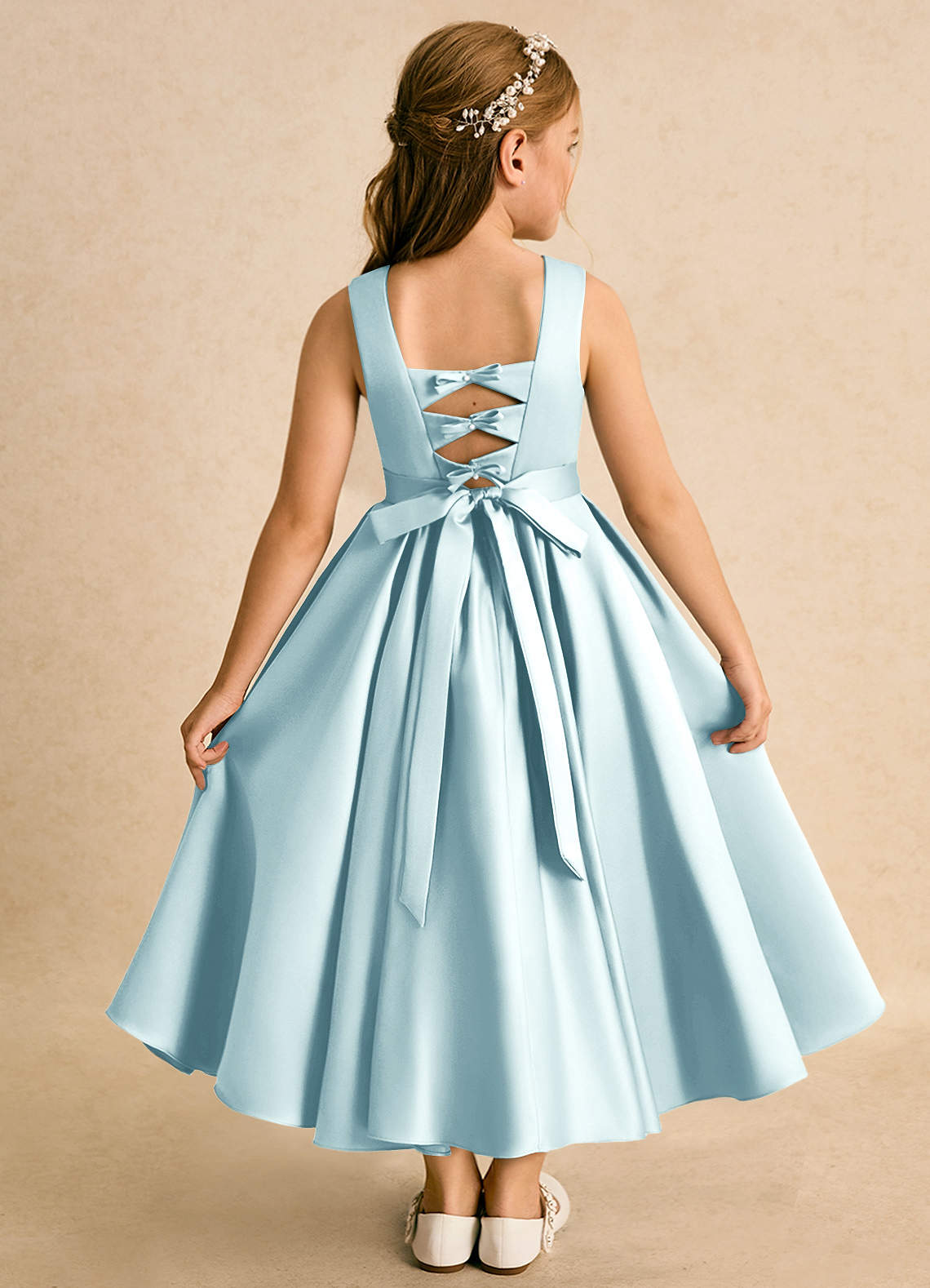 Azazie Junebuj Flower Girl Dresses Sea Glass Ball-Gown Pleated Matte Satin Dress image1