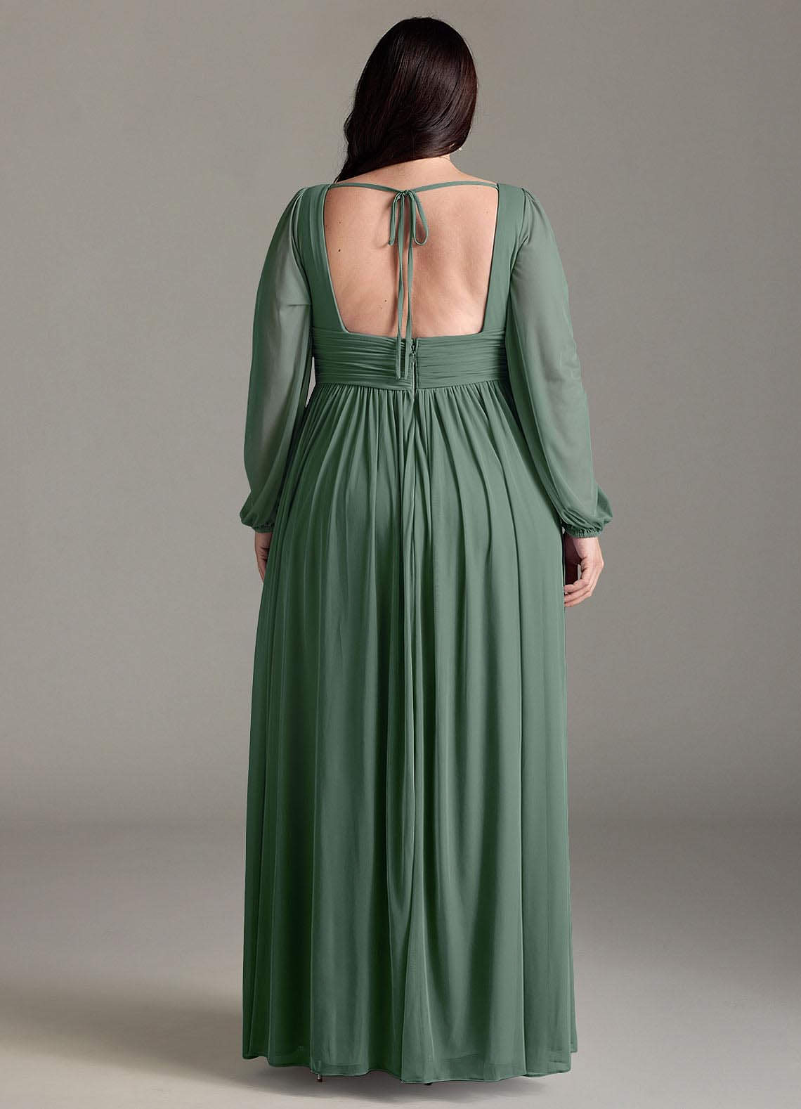 Azazie Norah Bridesmaid Dresses Eucalyptus A-Line V-Neck Long Sleeve Chiffon Dress image6