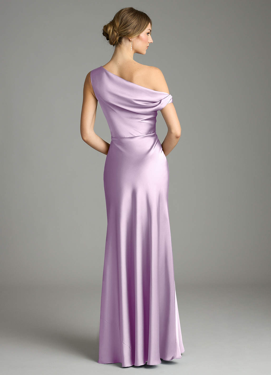 Azazie Emerson Bridesmaid Dresses Frosted Lilac Mermaid Off the Shoulder Stretch Satin Dress image1