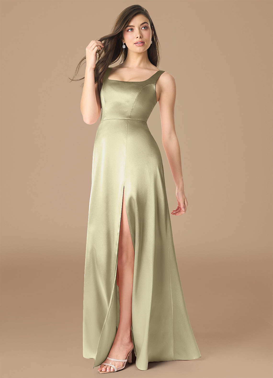 green silk dress with slit BABARONI BABARONI Stretch Satin Dark Green Prom Dresses Sheath/Column V-neck With Slit Beaded Zipper, Dark Green / US0 main image 0