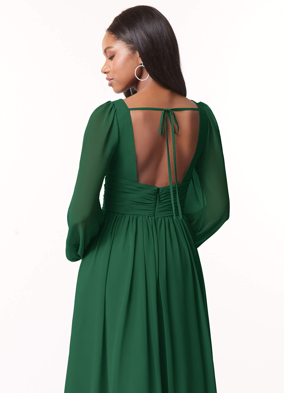 Azazie Norah Bridesmaid Dresses Dark Green A-Line V-Neck Long Sleeve Chiffon Dress image2