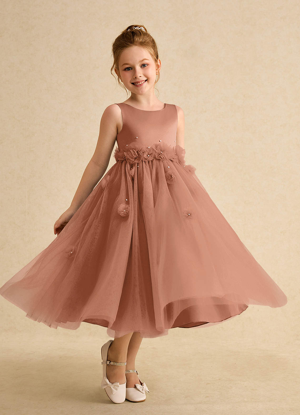 Azazie Lux Flower Girl Dresses Bronzer A-Line Beaded Tulle Dress image1
