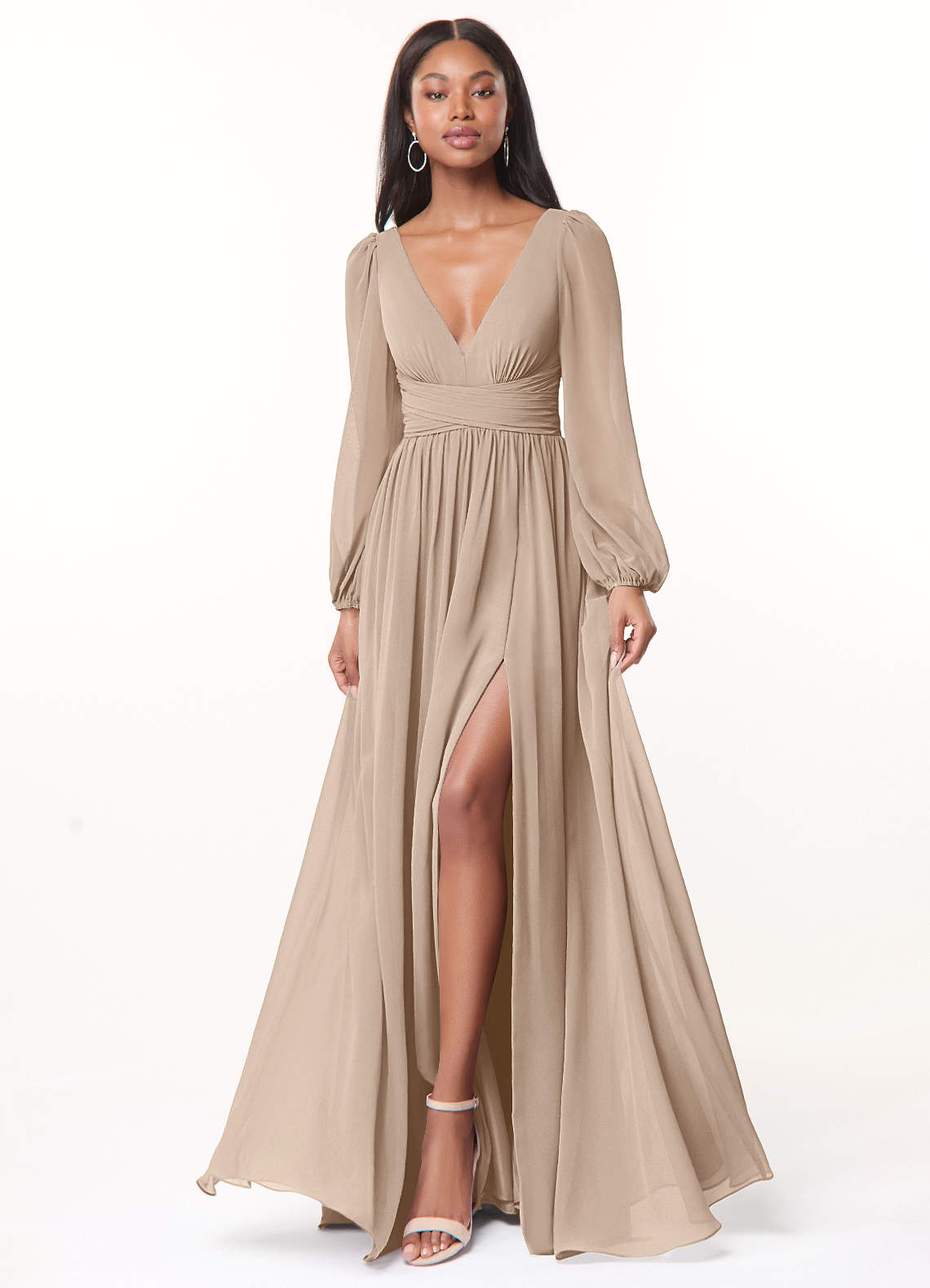 Azazie Norah Brautjungfernkleider A-Linie Lange Ärmel mit V-Ausschnitt Chiffon Kleid Taupe image1