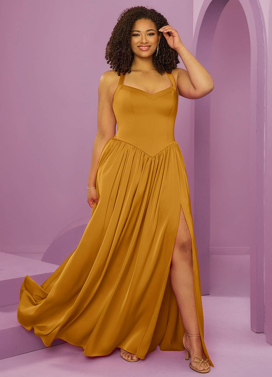Barbie ♥ Azazie Bridesmaid Dresses Butterscotch A-Line with Pockets Stretch Satin Dress image1