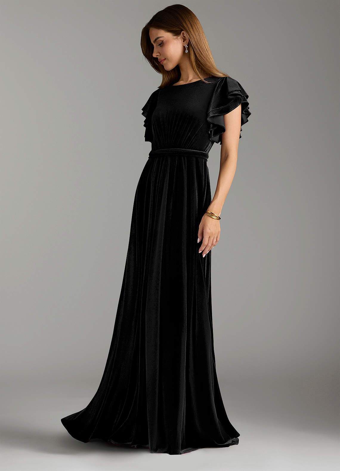 Azazie Daphne Modest Bridesmaid Dresses A-Line Velvet Floor-Length Dress with Belt image3