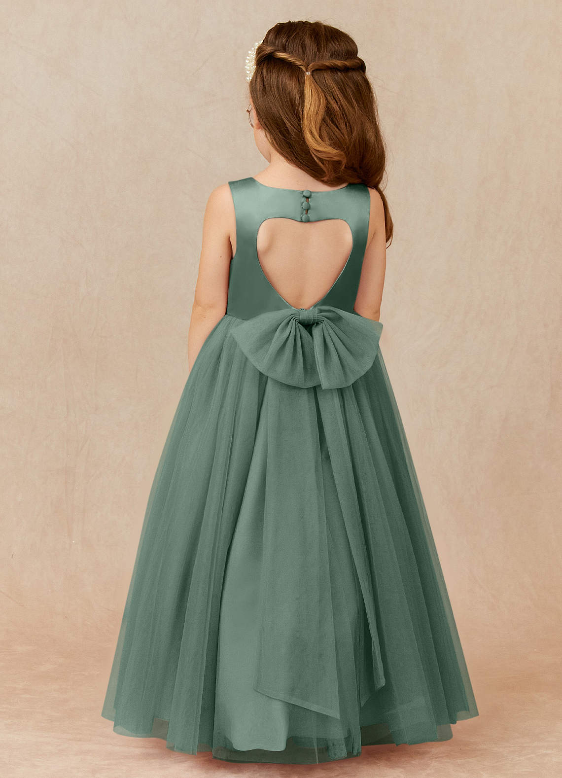 Azazie Muni Robe Demoiselle D'honneur Fillette Robe Trapèze en Tulle Arc Eucalyptus image1
