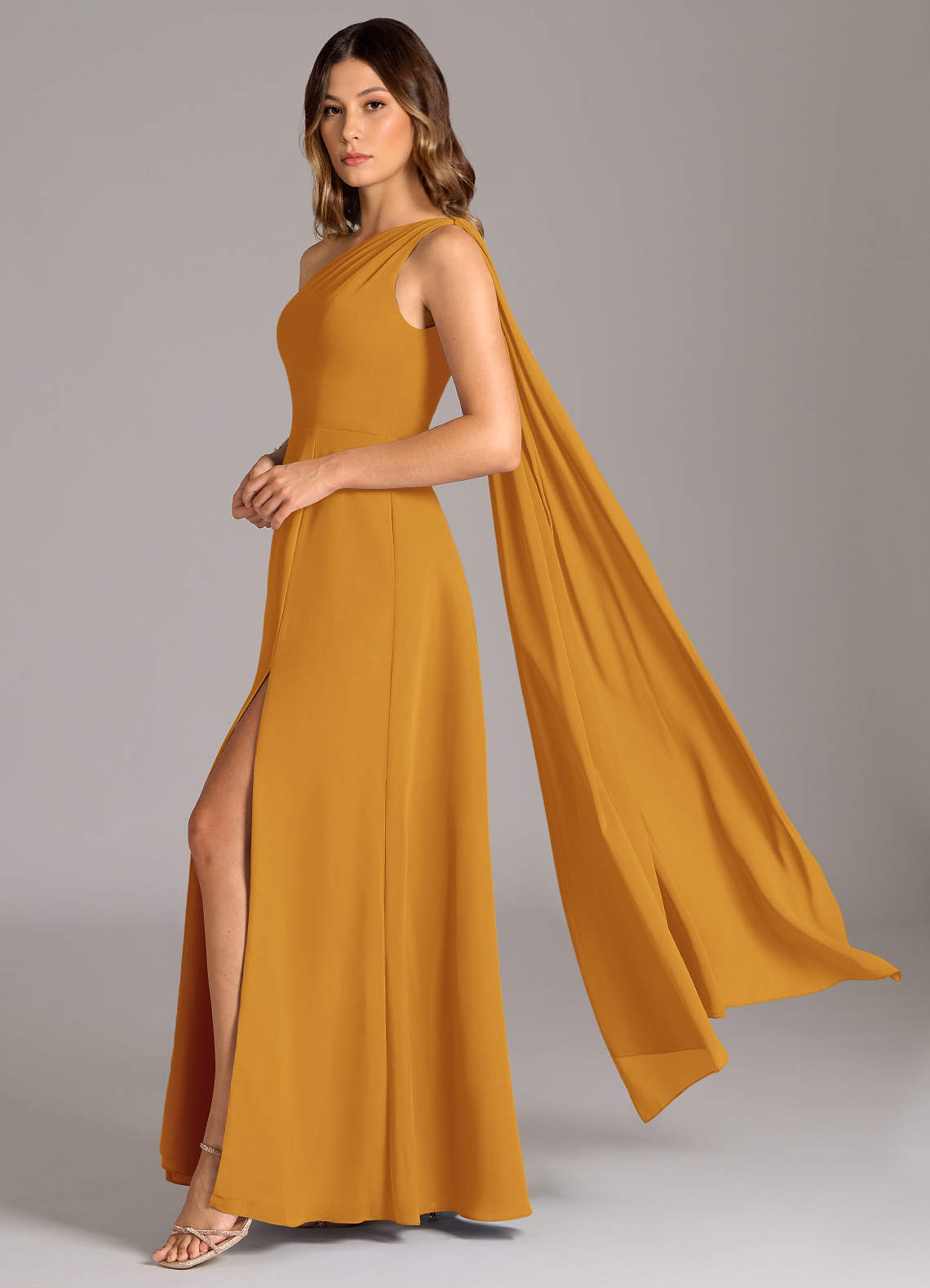 Azazie Tella Bridesmaid Dresses Butterscotch A-Line One Shoulder Chiffon Dress image1