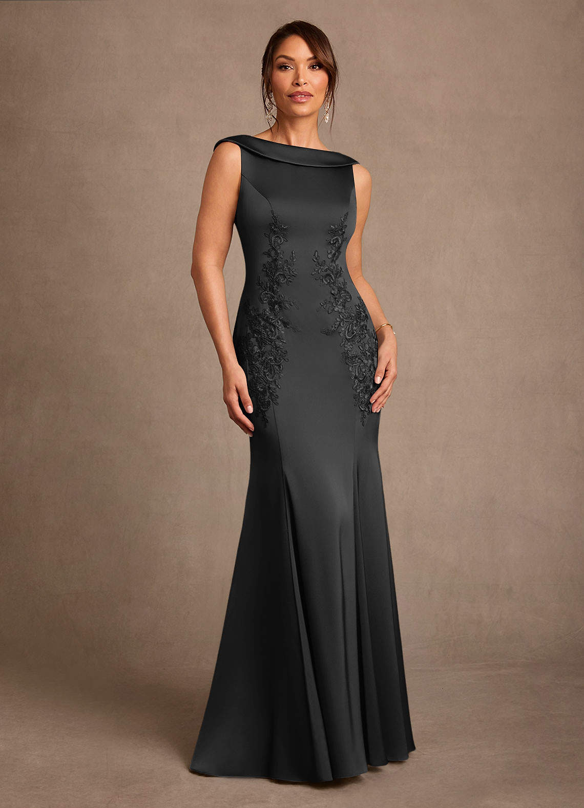Azazie Franny Black Sheath Lace Stretch Satin Dress
