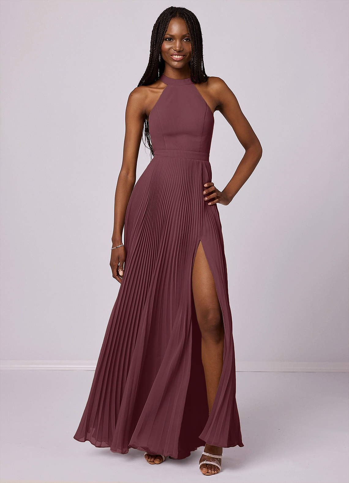 Barbie ♥ Azazie Robes de demoiselle d'honneur Robe Trapèze en Mousseline de soie Plissée Sangria image1