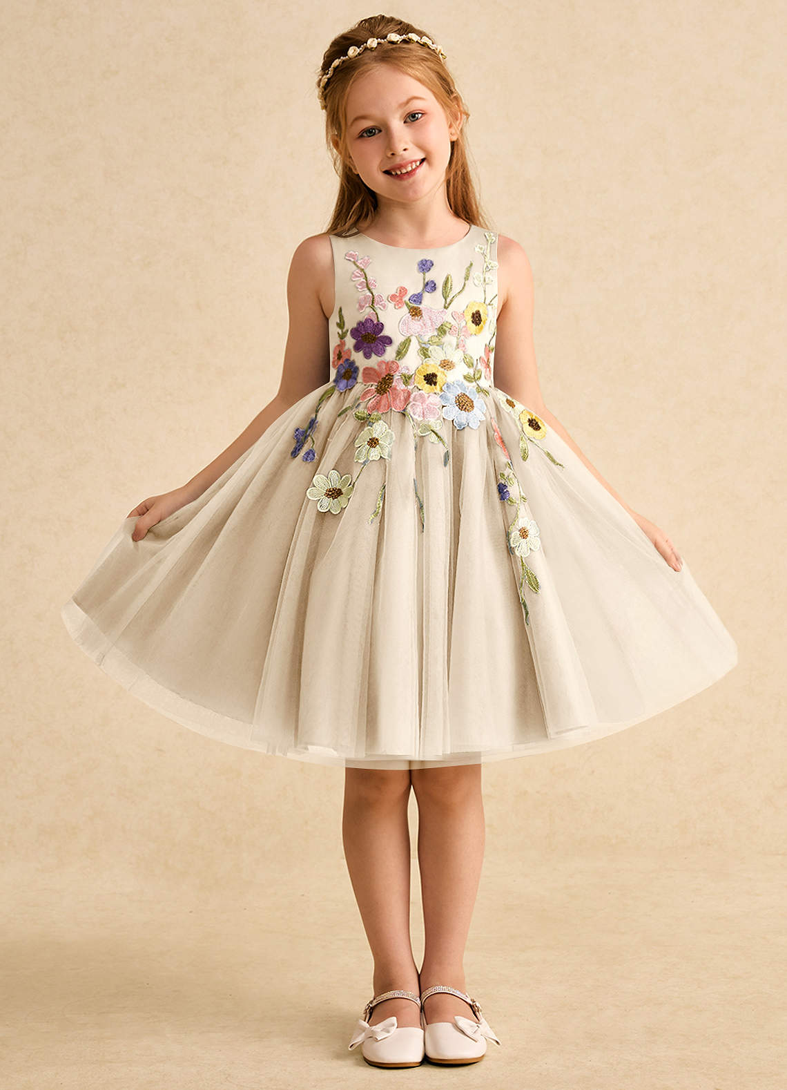 Azazie Prima Flower Girl Dresses Champagne A-Line Bow Tulle Dress image1