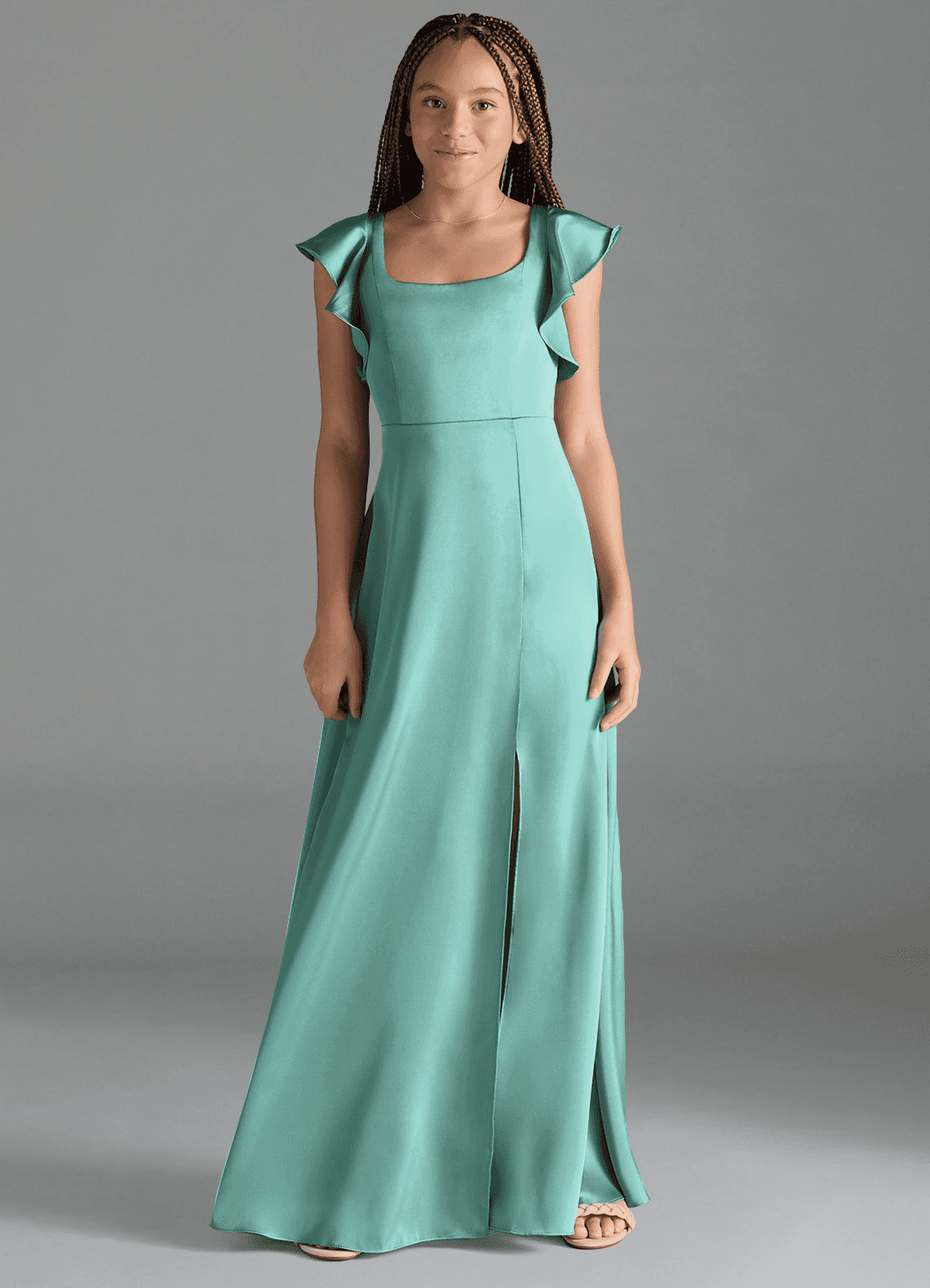 Azazie Bondi Junior Robe Trapèze en Satin extensible Fente Latérale Aqua image1