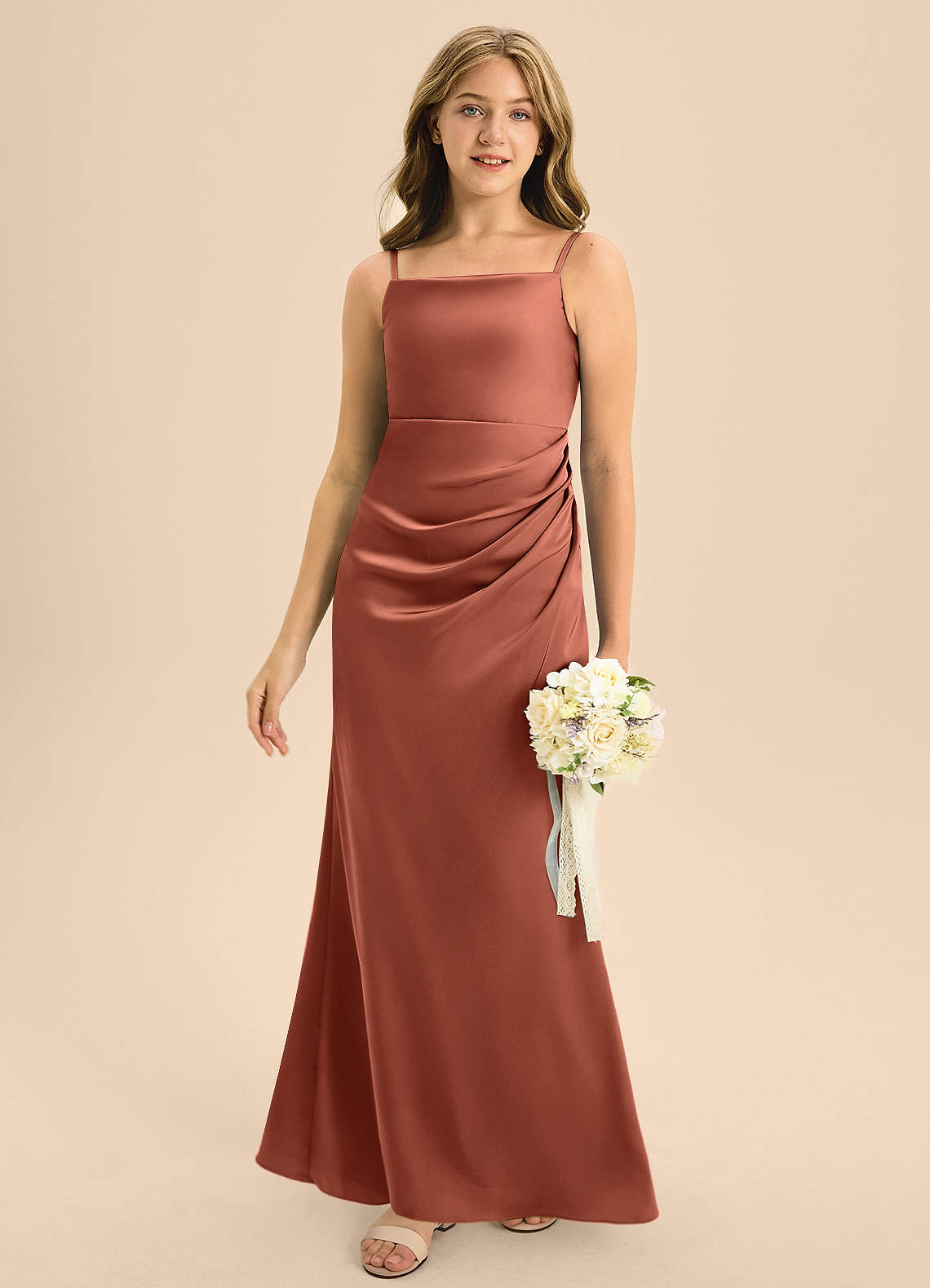 Azazie Renna Junior A-Linie Plissee Stretch-Satin Kleid Lehm image1