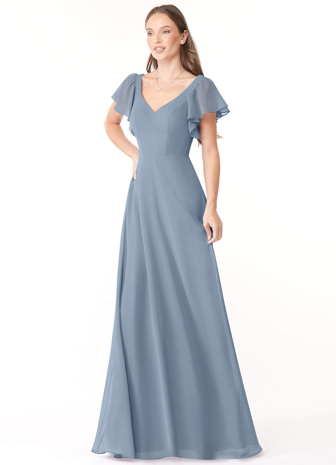 Azazie Syenna Bridesmaid Dresses Dusty Blue A-Line Ruched Chiffon Dress image3