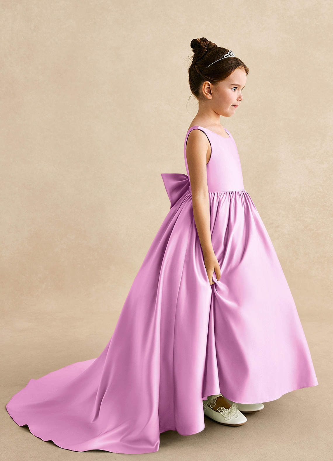 Azazie Mimia Flower Girl Dresses Candy Pink A-Line Bow Matte Satin Dress image1