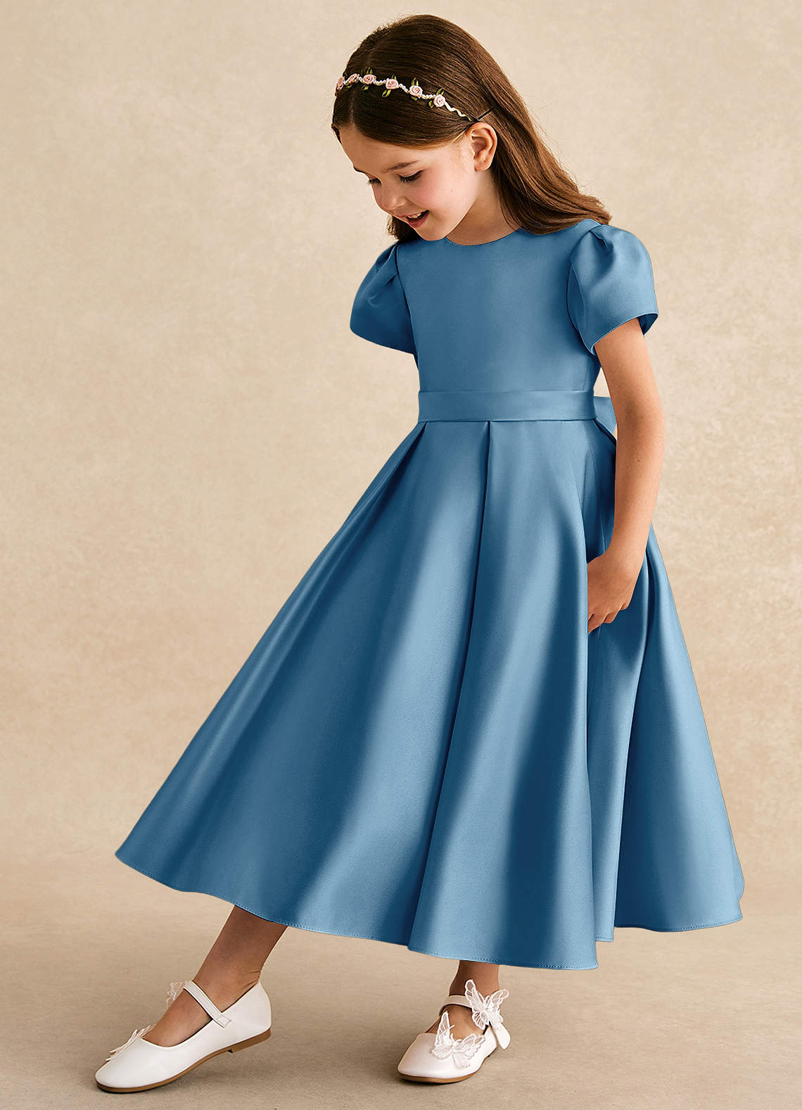 Azazie Princess vestidos de niña de las flores Vestido de Azul Acero de Satin Mate de Corte En A con Plisado image1