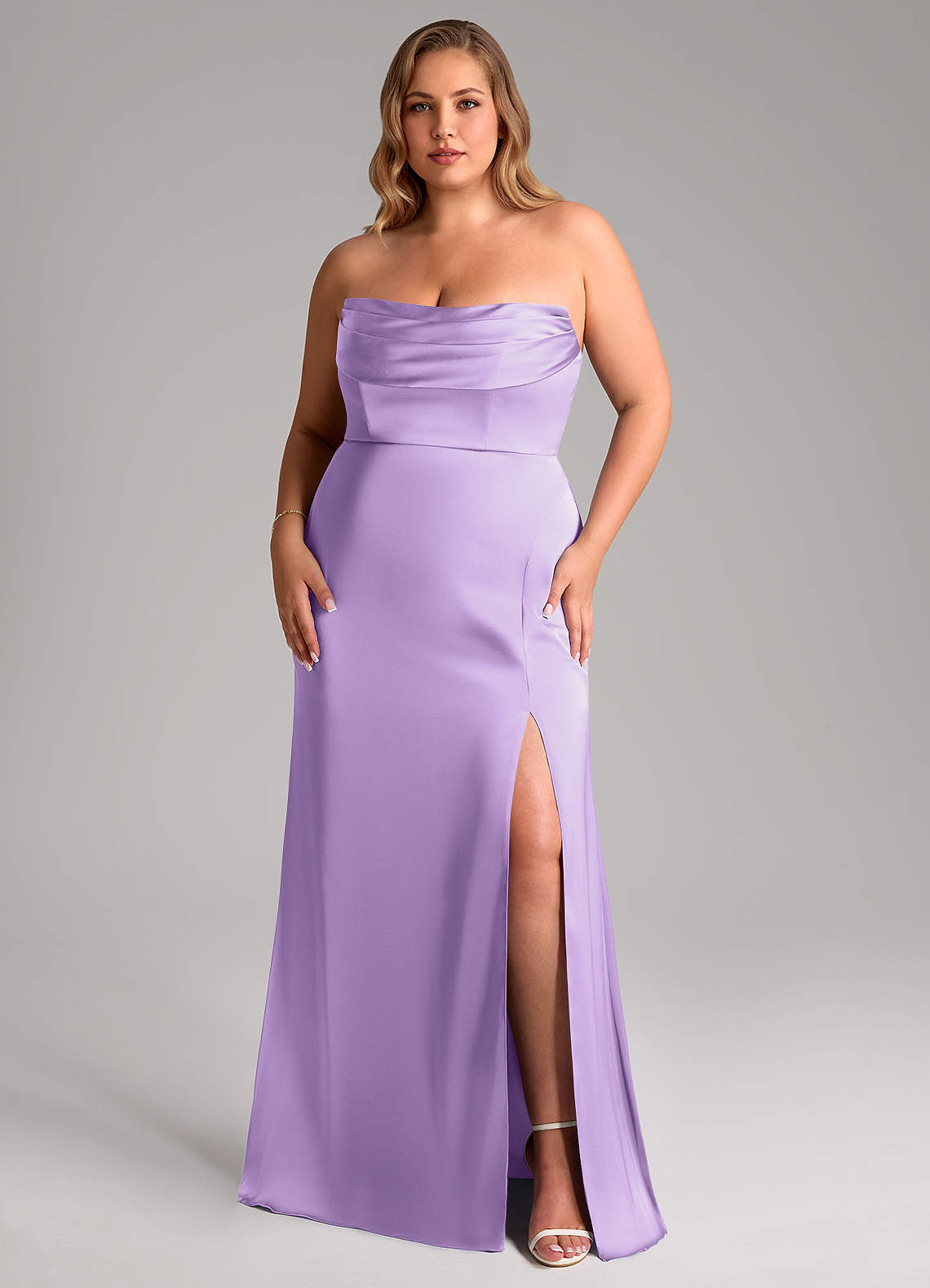 Azazie Saige Bridesmaid Dresses Lilac Sheath Off the Shoulder Stretch Satin Dress image15