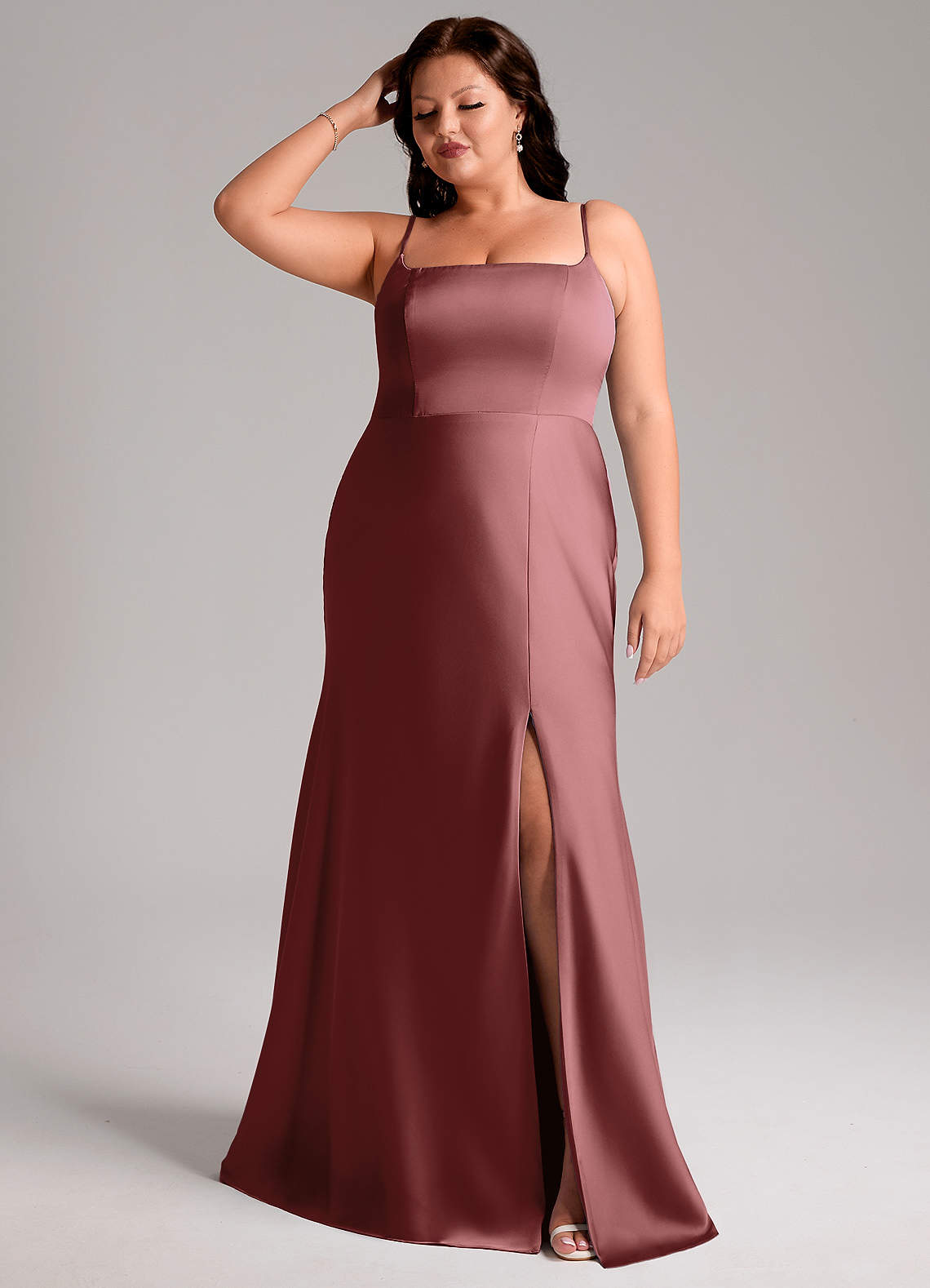 Azazie Lidia Bridesmaid Dresses Amethyst Mermaid Side Slit Stretch Satin Dress image1