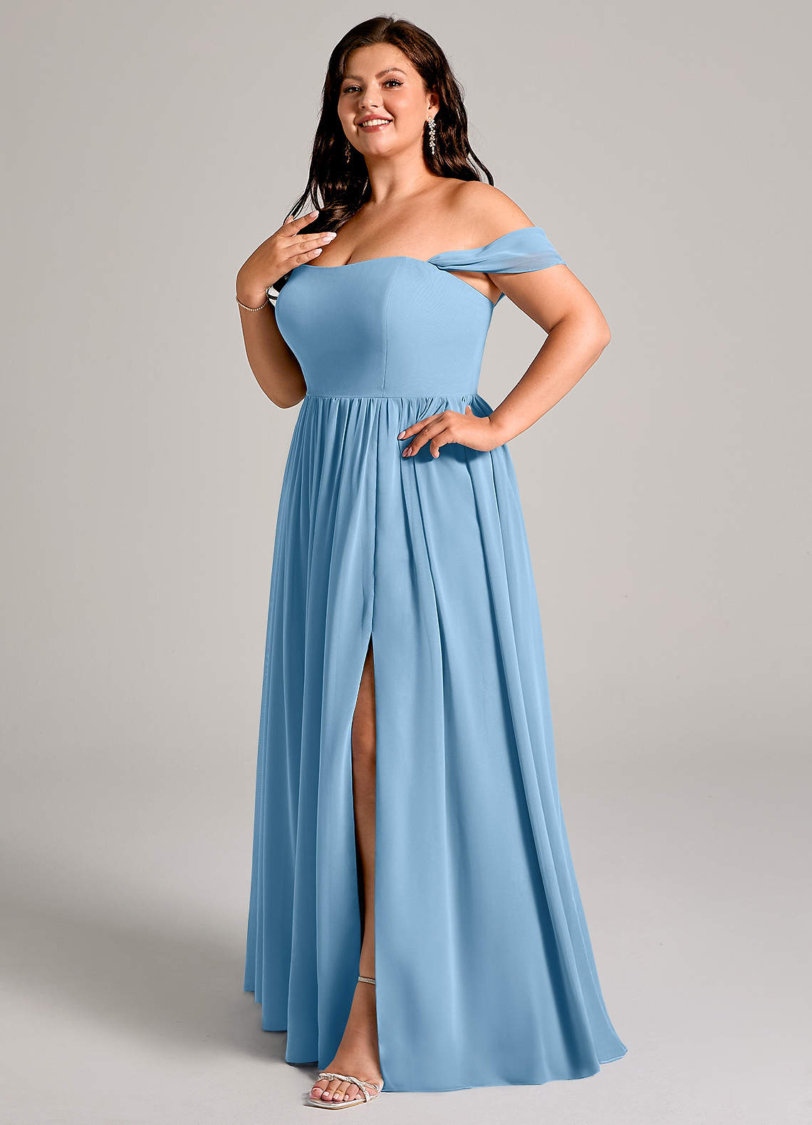 Azazie Calianna Brautjungfernkleider Wandelbar A-Linie Schulterfrei Chiffon Kleid Stahlblau image1