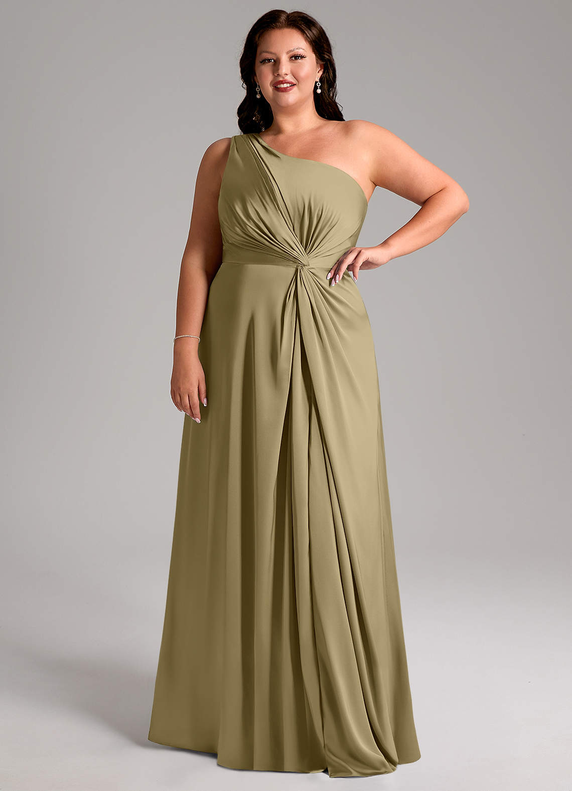 Azazie Brooke Vestidos de madrinha de casamento Vestido Musgo Verde de Cetim elástico de Linha A com Um ombro image11