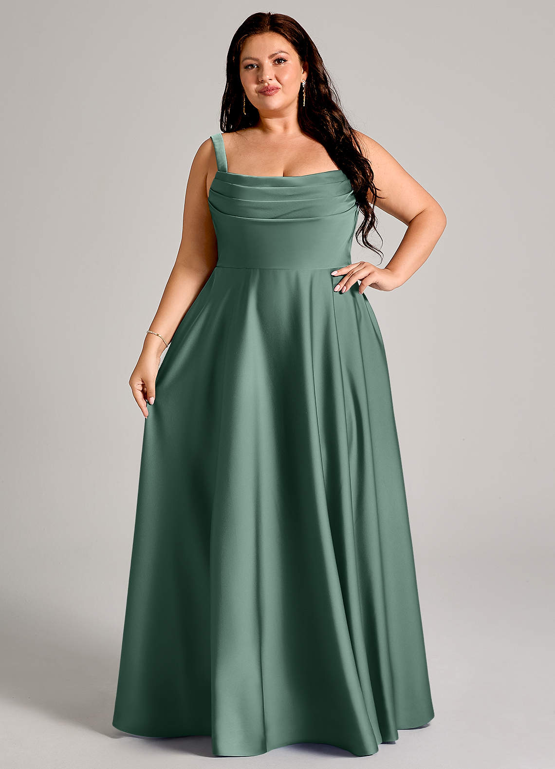 Azazie Shaude Bridesmaid Dresses Eucalyptus A-Line Pleated Stretch Satin Dress image11