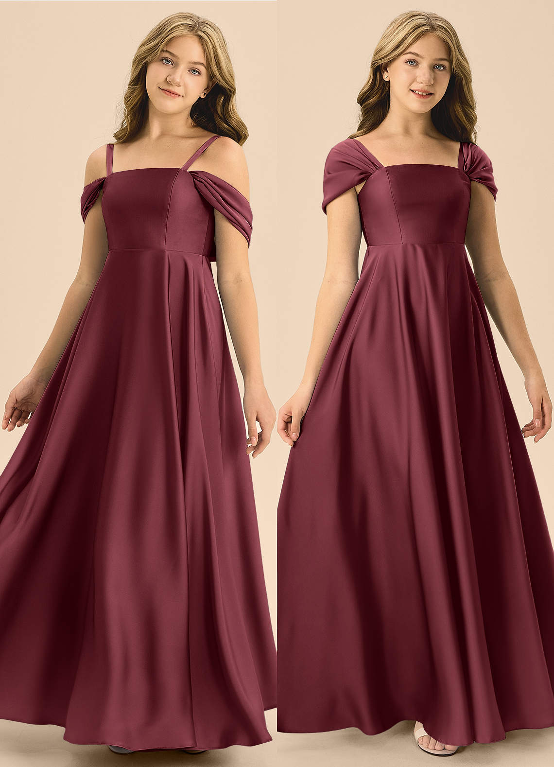 Azazie Rowena Junior Vestido de Merlot de Satén Elástico de Corte en A con Lazo image1