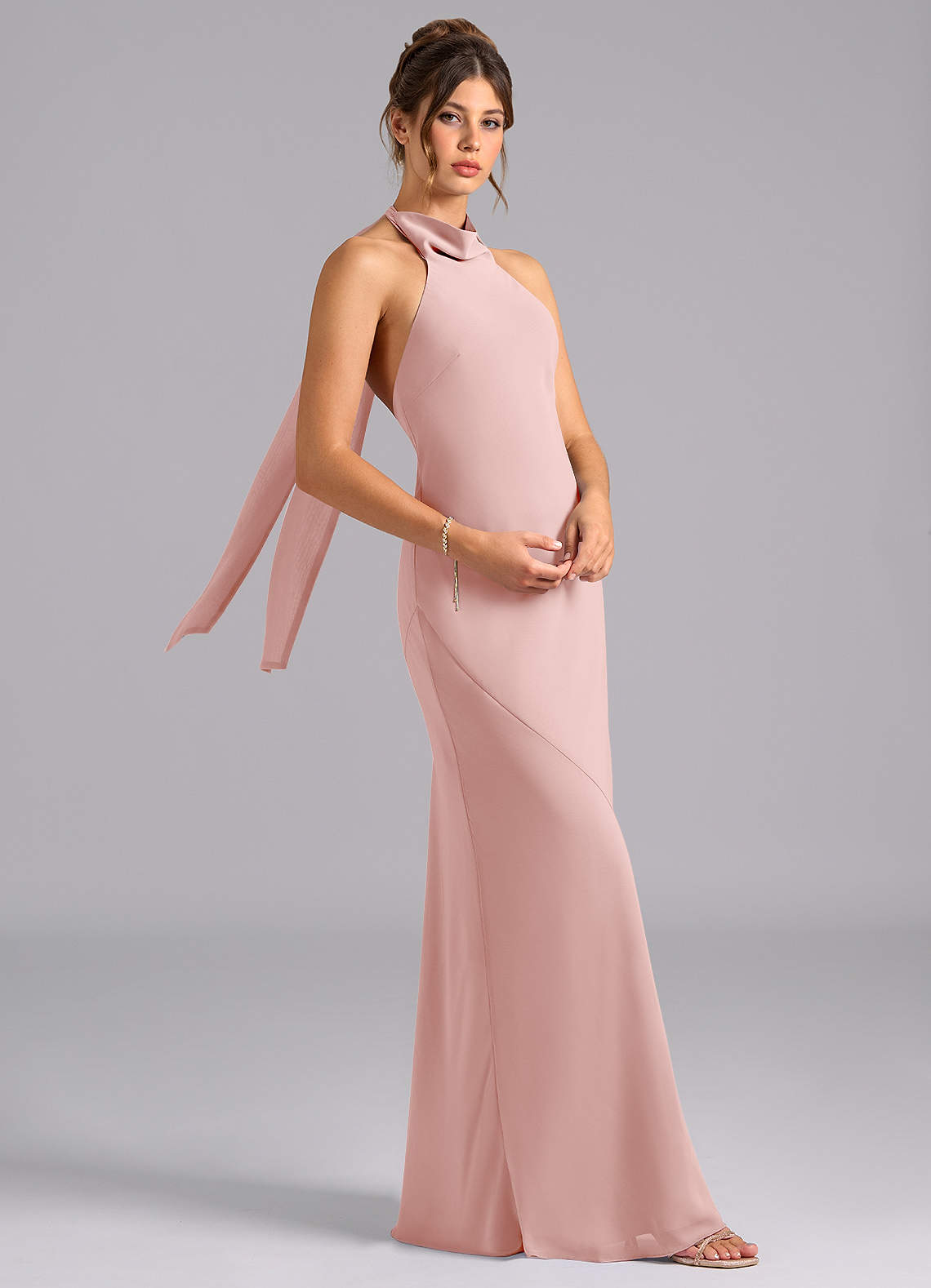 Azazie Velli Bridesmaid Dresses Powder Pink Mermaid High Neck Chiffon Dress image2